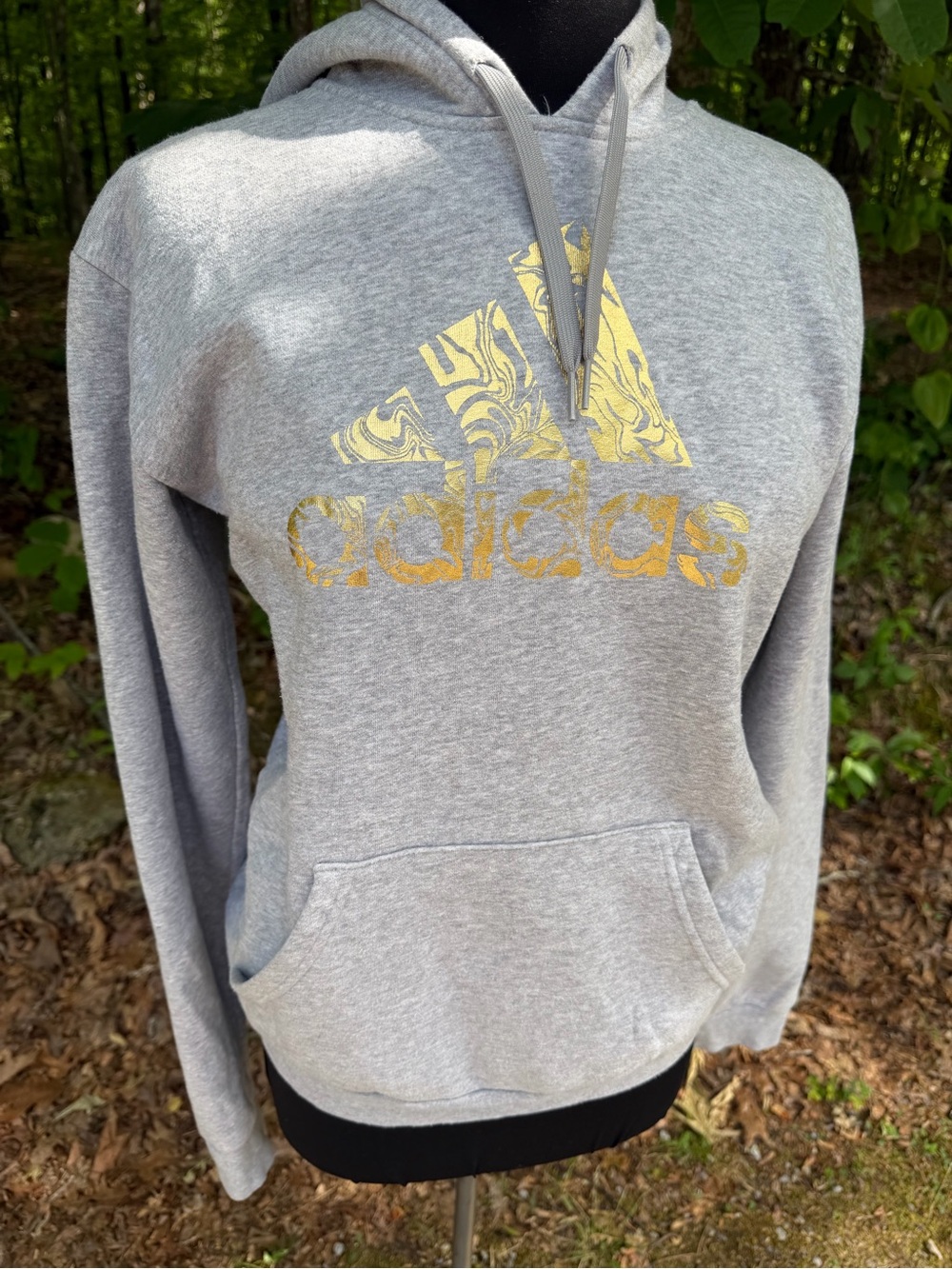 adidas Women’s Light Gray Hoodie with Gold Logo Accent